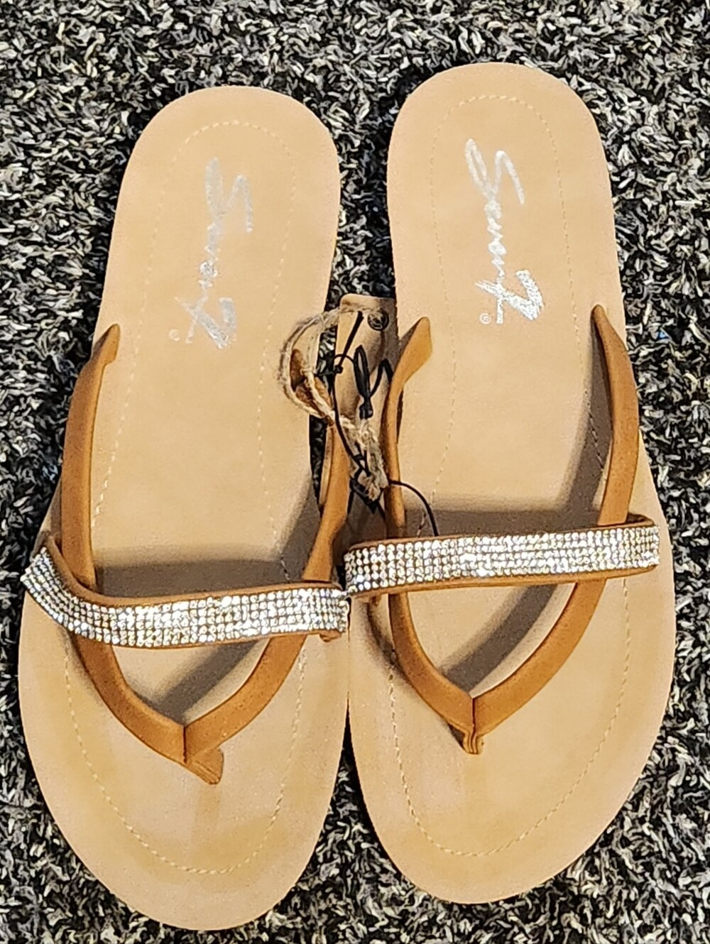 Seven7 Tan Rhinestone Strap Flip Flop Sandals